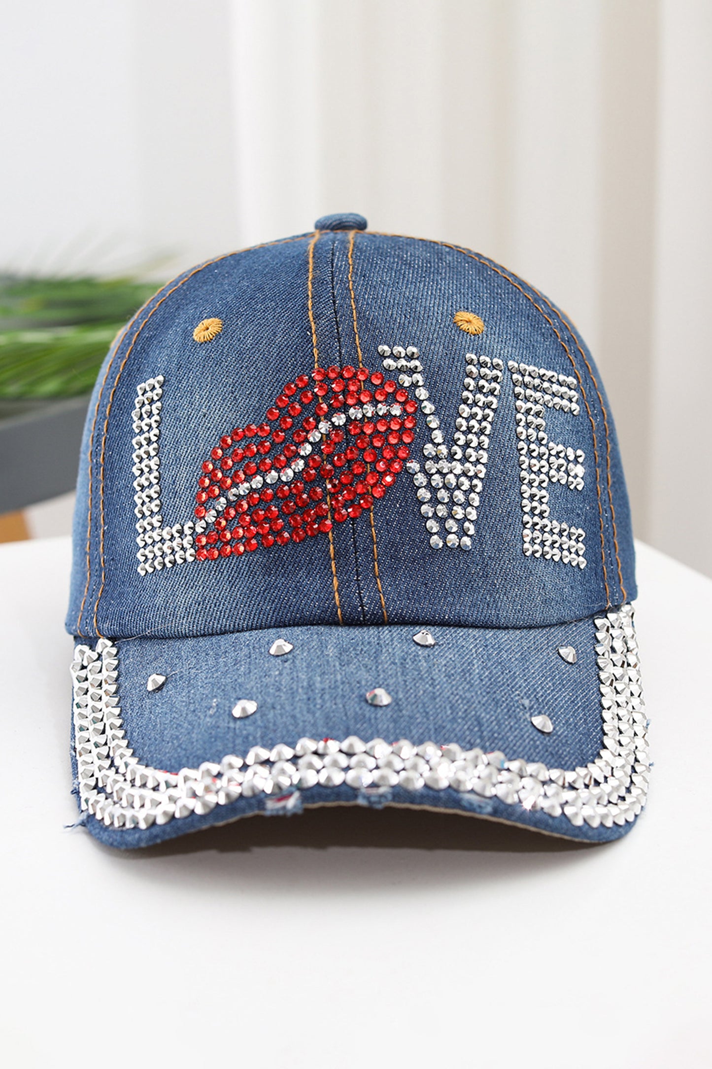 Stacey B's Ashleigh Blue Rhinestone Embellished LOVE Lip Denim Baseball Cap