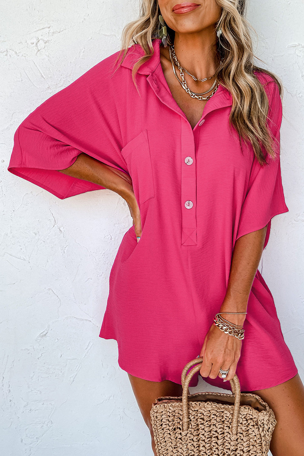 Stacey B's Bright Pink Plain Half Button Collared Pocket Loose Romper