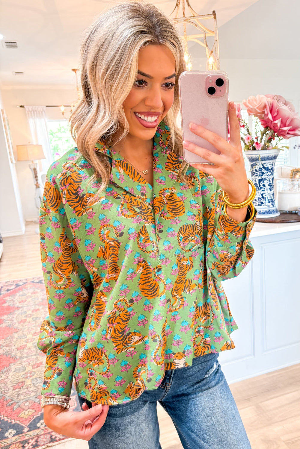 Stacey B's Green Tiger Floral Printed Collared V Neck Casual Shirt