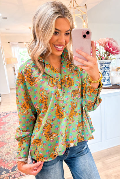 Stacey B's Green Tiger Floral Printed Collared V Neck Casual Shirt