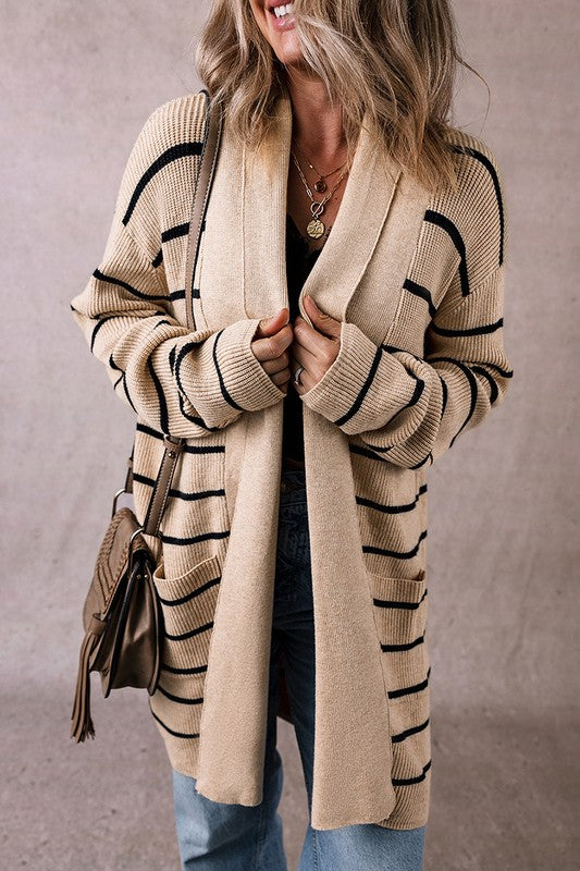 Stacey B's Stripe Shawl Neckline Open Cardigan with Pockets