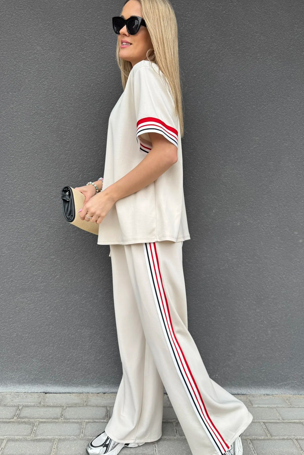 Stacey B's Jet Stream Contrast Striped Trim Crewneck T Shirt Loose Straight Pants Set