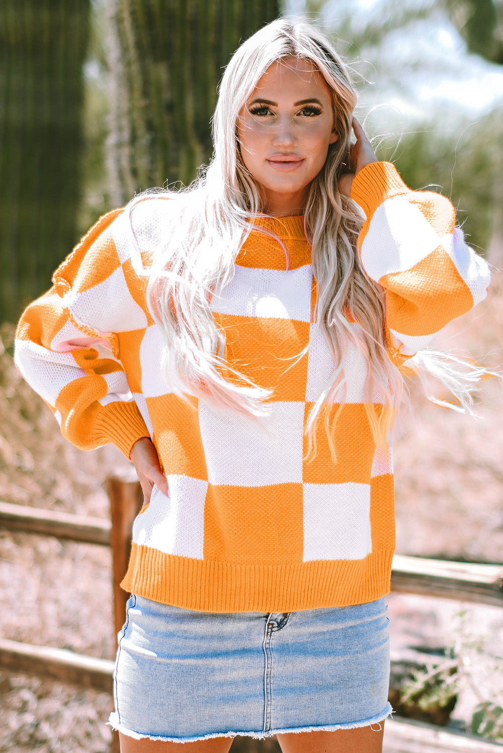 Stacey B's Orange Checkered Bishop Sleeve Sweater