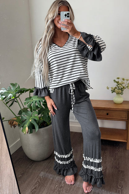 Stacey B's Blue Stripe V Neck Ruffle Contrast Sleeve Top Drawstring Pants 2pcs Set
