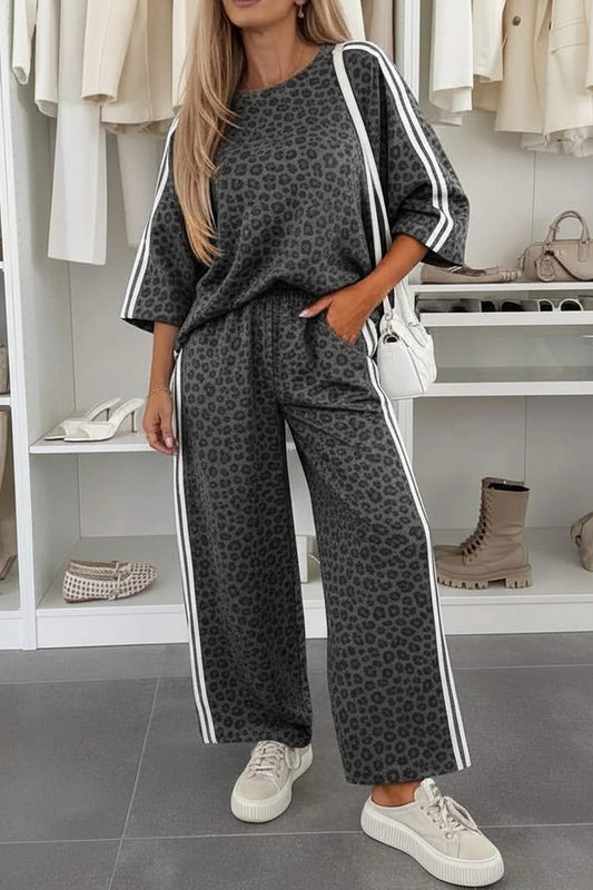 Stacey B's Gray Leopard Print Varsity Striped Detail 3/4 Sleeve Top Shift Pant Set
