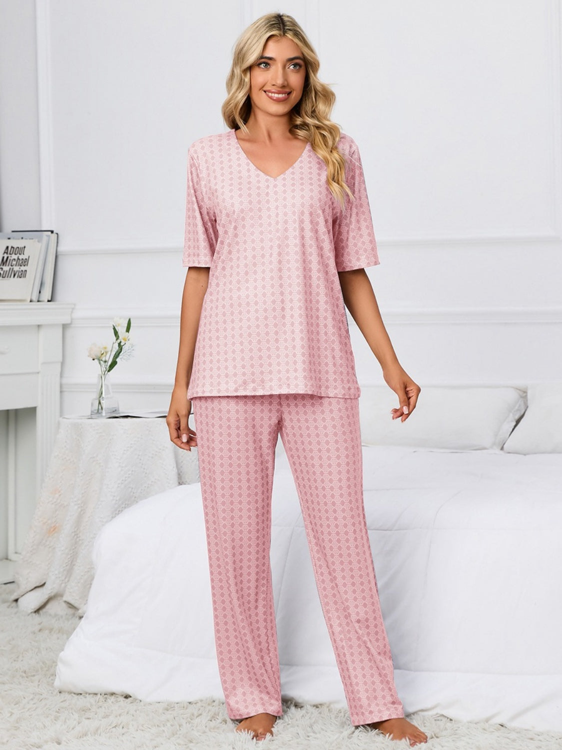 Stacey B's Printed V-Neck Top and Pants Lounge Set