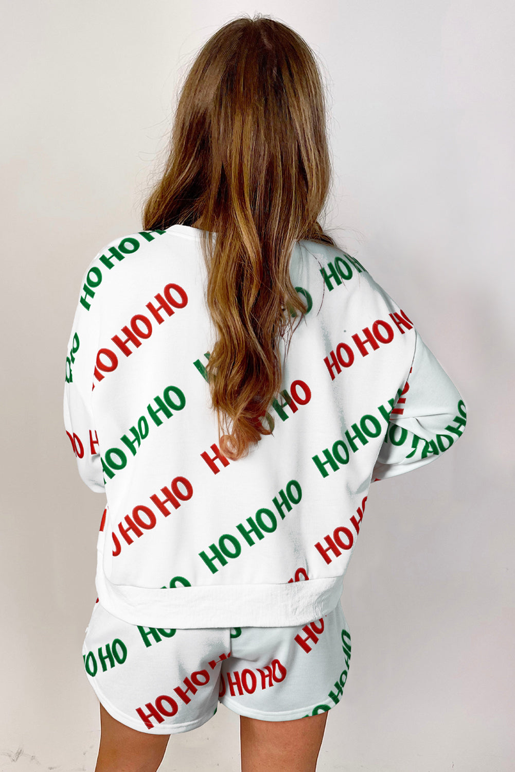 Stacey B's White Christmas HO HO HO Print Drop Shoulder Pullover and Shorts Set