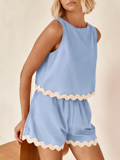 Stacey B's Contrast Trim Round Neck Top and Shorts Set