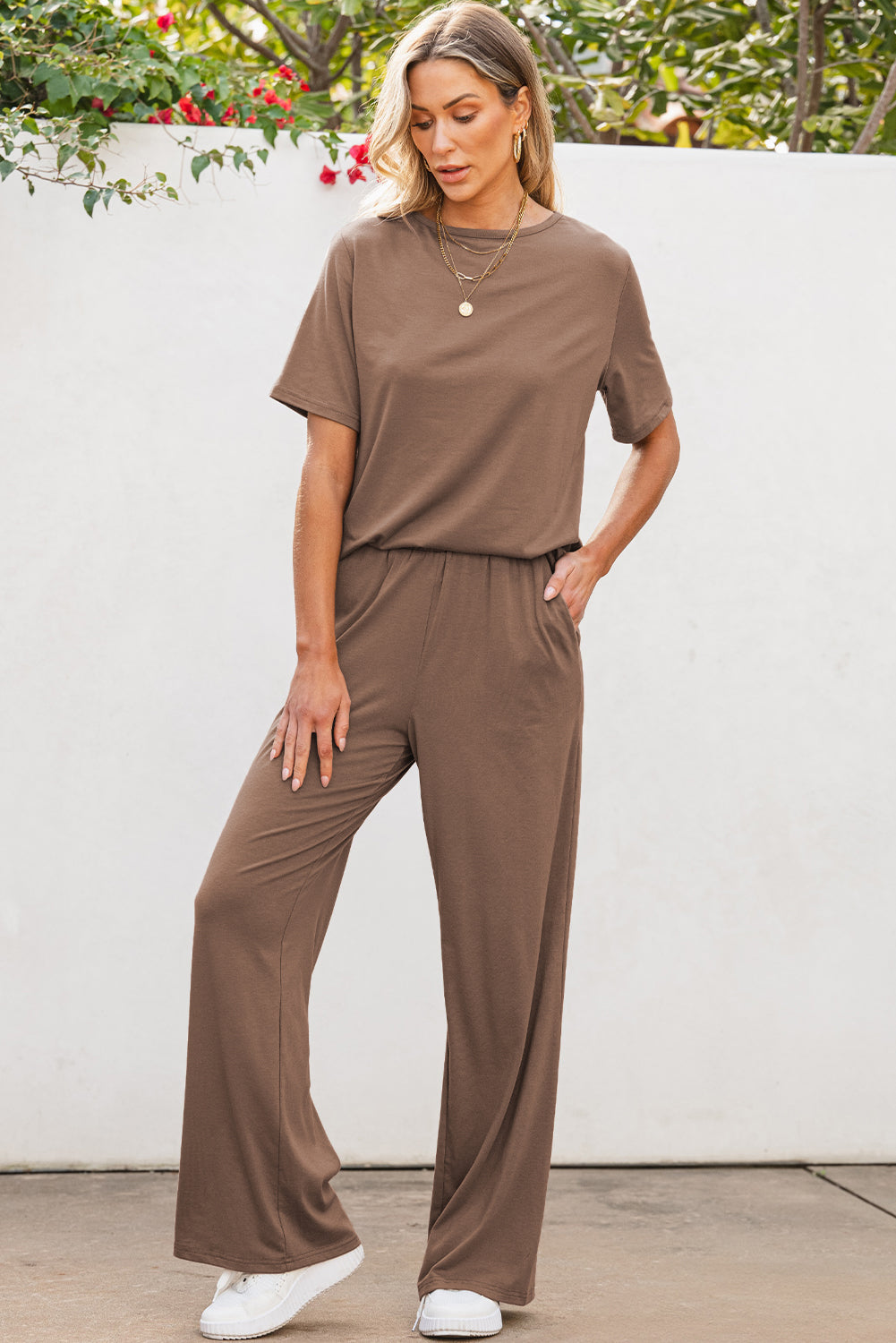 Stacey B's Smoke Gray Solid Color T Shirt 2pcs Wide Leg Pants Set