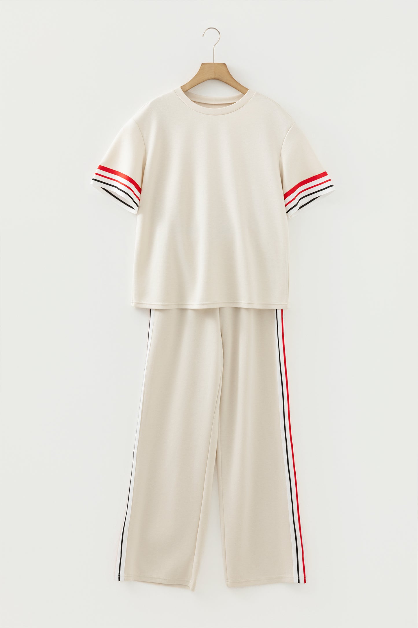 Stacey B's Jet Stream Contrast Striped Trim Crewneck T Shirt Loose Straight Pants Set