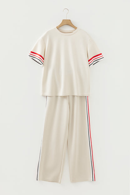 Stacey B's Jet Stream Contrast Striped Trim Crewneck T Shirt Loose Straight Pants Set