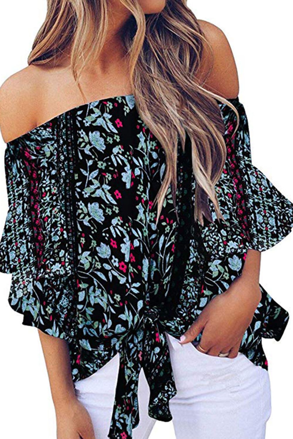 Stacey B's Tied Printed Off-Shoulder Half Sleeve Blouse