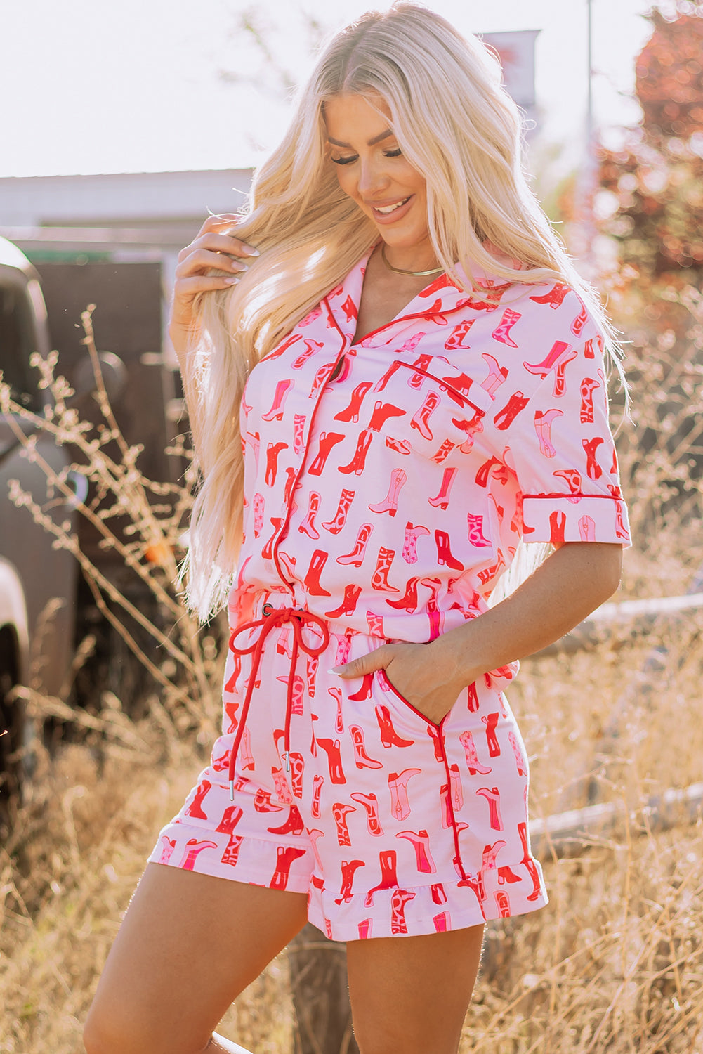 Stacey B's Pink Western Cowgirl Boots Printed Shirt Ruffled Shorts Pajama Set