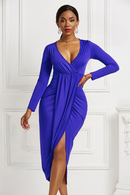Stacey B's High-low Ruched Surplice Long Sleeve Dress