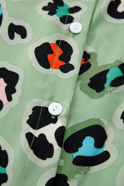 Stacey B's Green Leopard Print Short Sleeve Shirt and Wide Leg Pants Set
