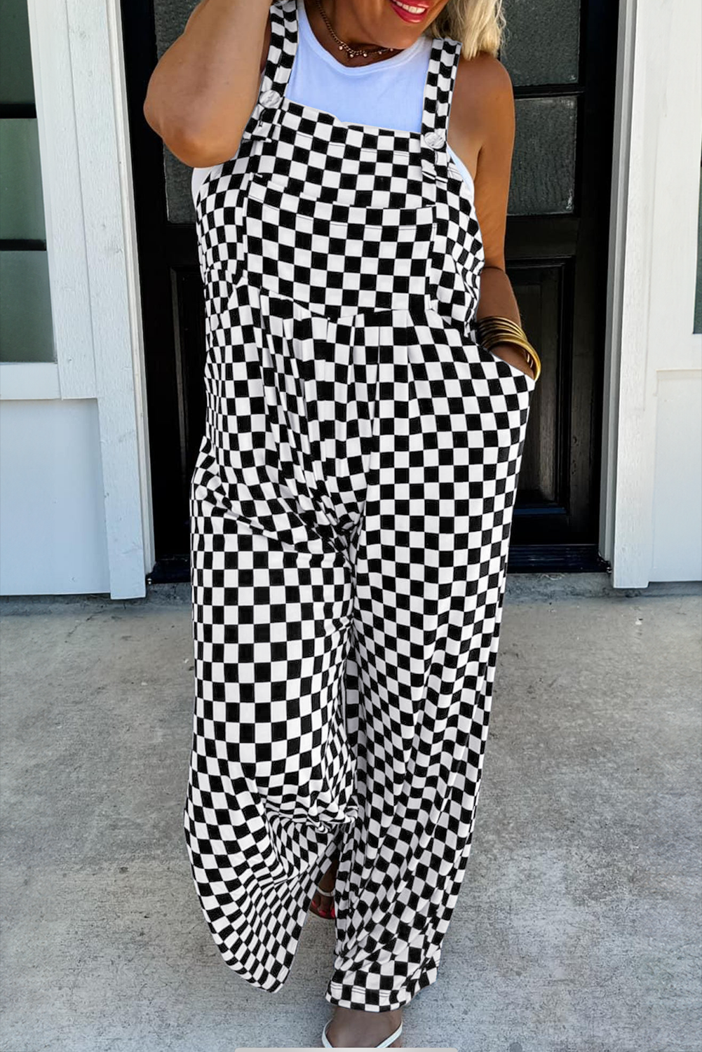 Stacey B's Black Checkered Print Pocketed Wide Leg Jumpsuit