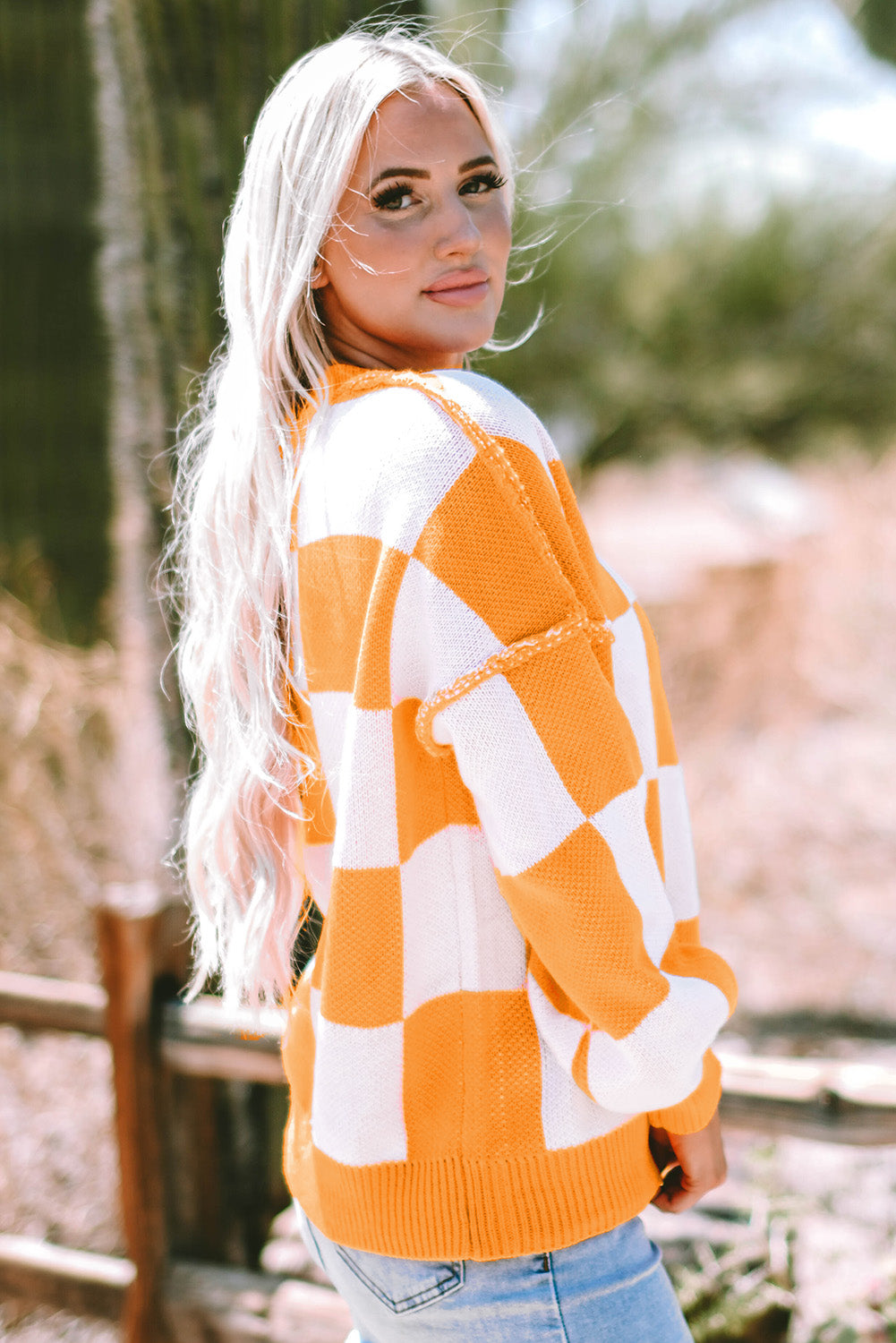 Stacey B's Orange Checkered Bishop Sleeve Sweater