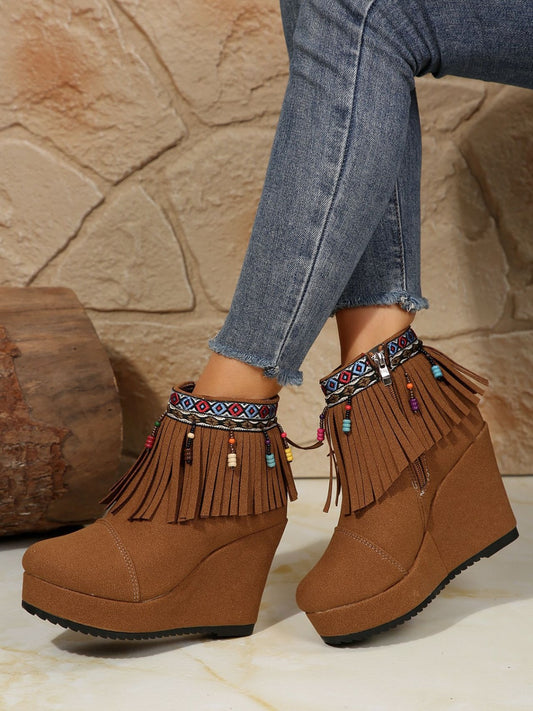 Stacey B's Fringe Suede Wedge Boots