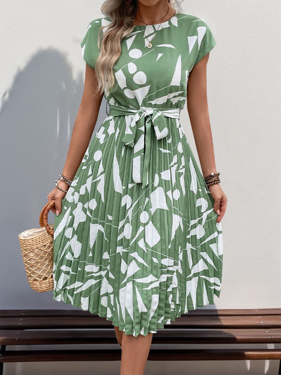 Stacey B's Tied Pleated Printed Cap Sleeve Dress