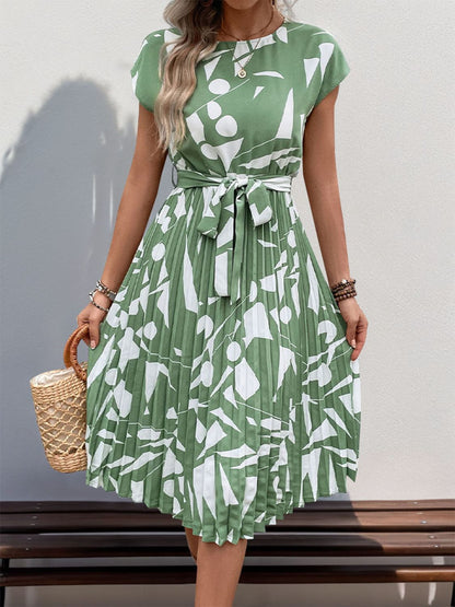 Stacey B's Tied Pleated Printed Cap Sleeve Dress