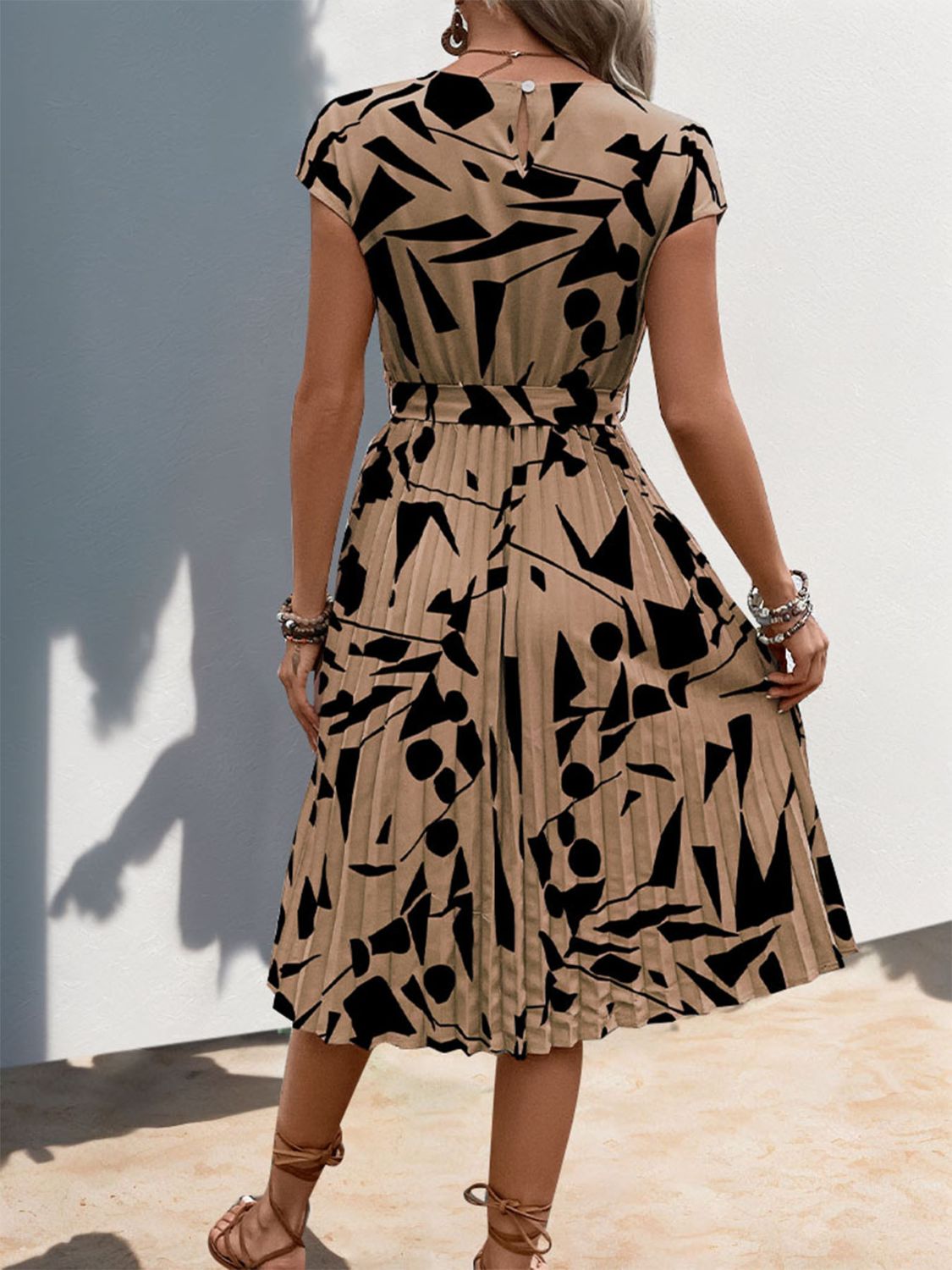 Stacey B's Tied Pleated Printed Cap Sleeve Dress