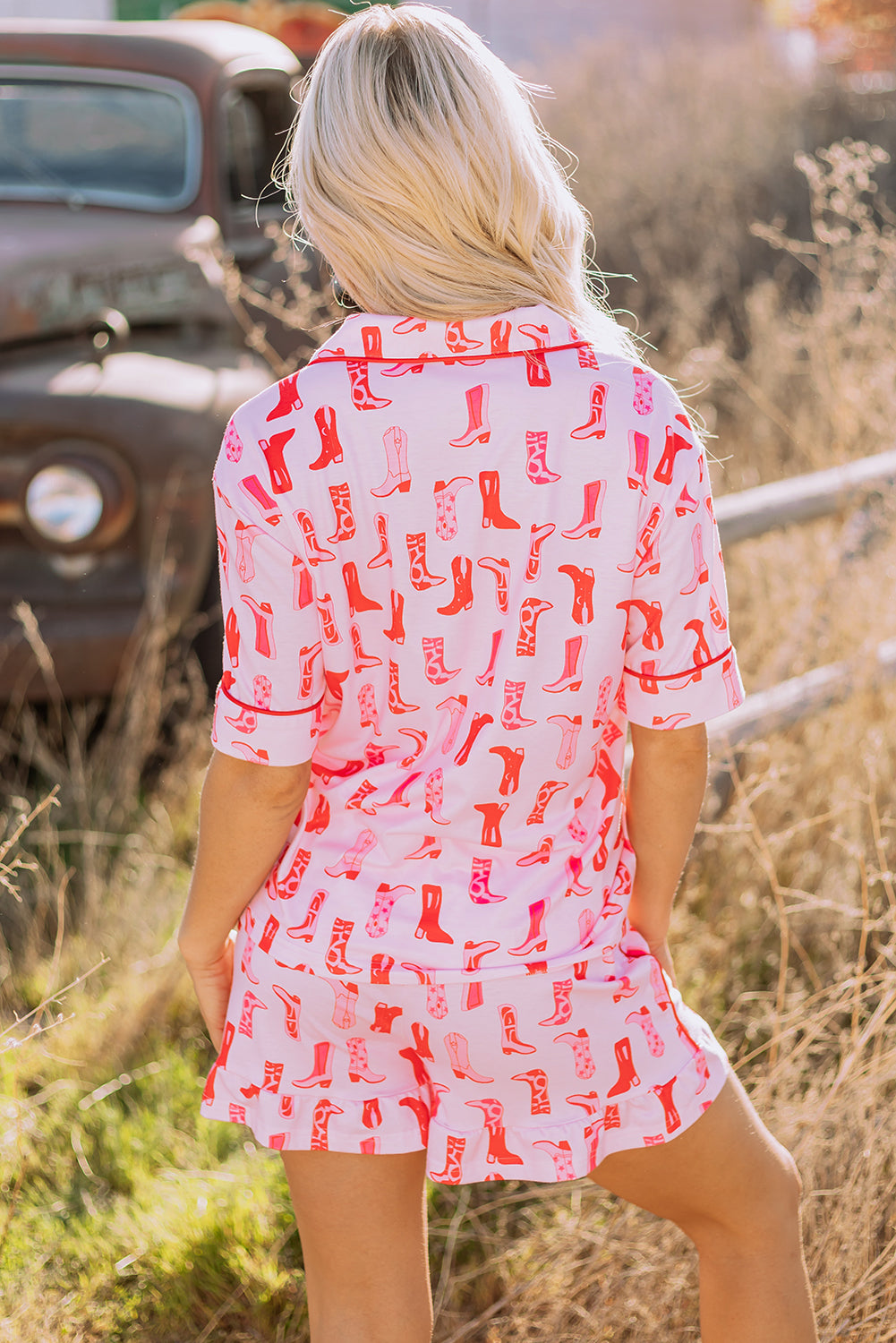 Stacey B's Pink Western Cowgirl Boots Printed Shirt Ruffled Shorts Pajama Set