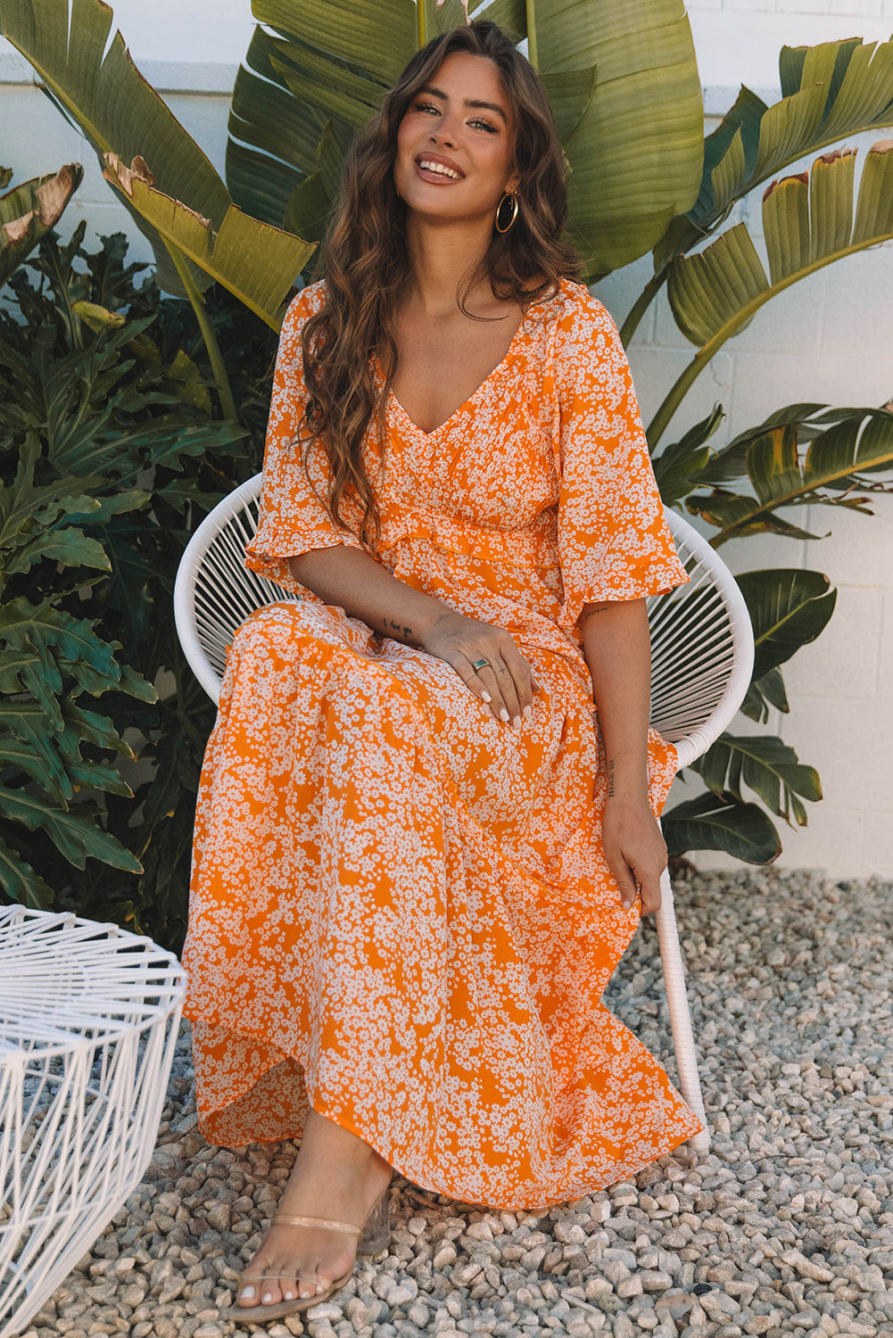 Stacey B's Orange Floral Print Smocked V Neck Wide Sleeve Maxi Dress