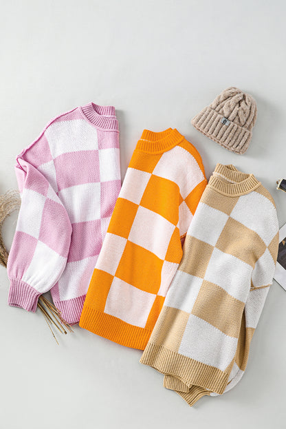 Stacey B's Orange Checkered Bishop Sleeve Sweater