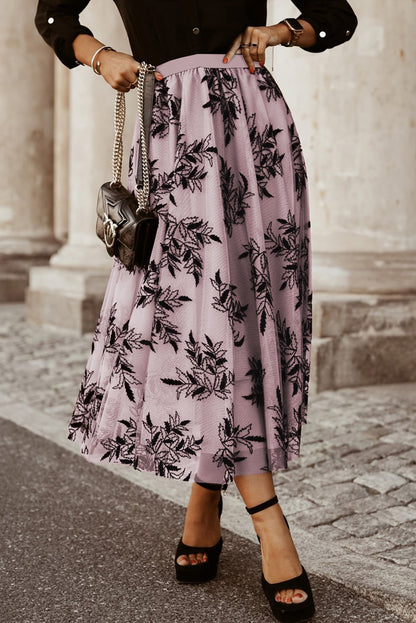 Stacey B's Peach Blossom Floral Leaves Embroidered High Waist Maxi Skirt