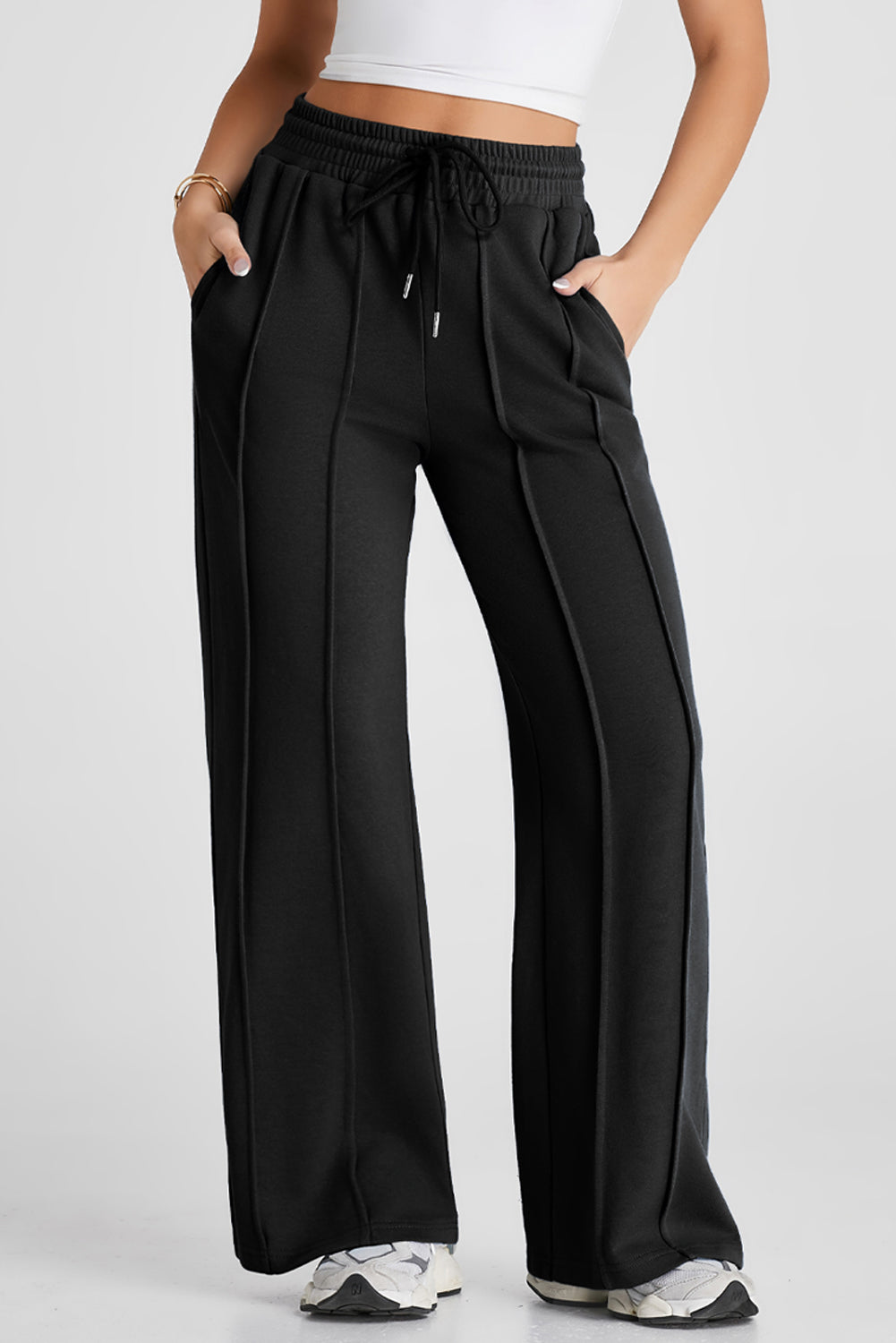 Stacey B's Black Seamed Drawstring High Waist Wide Leg Sweatpants