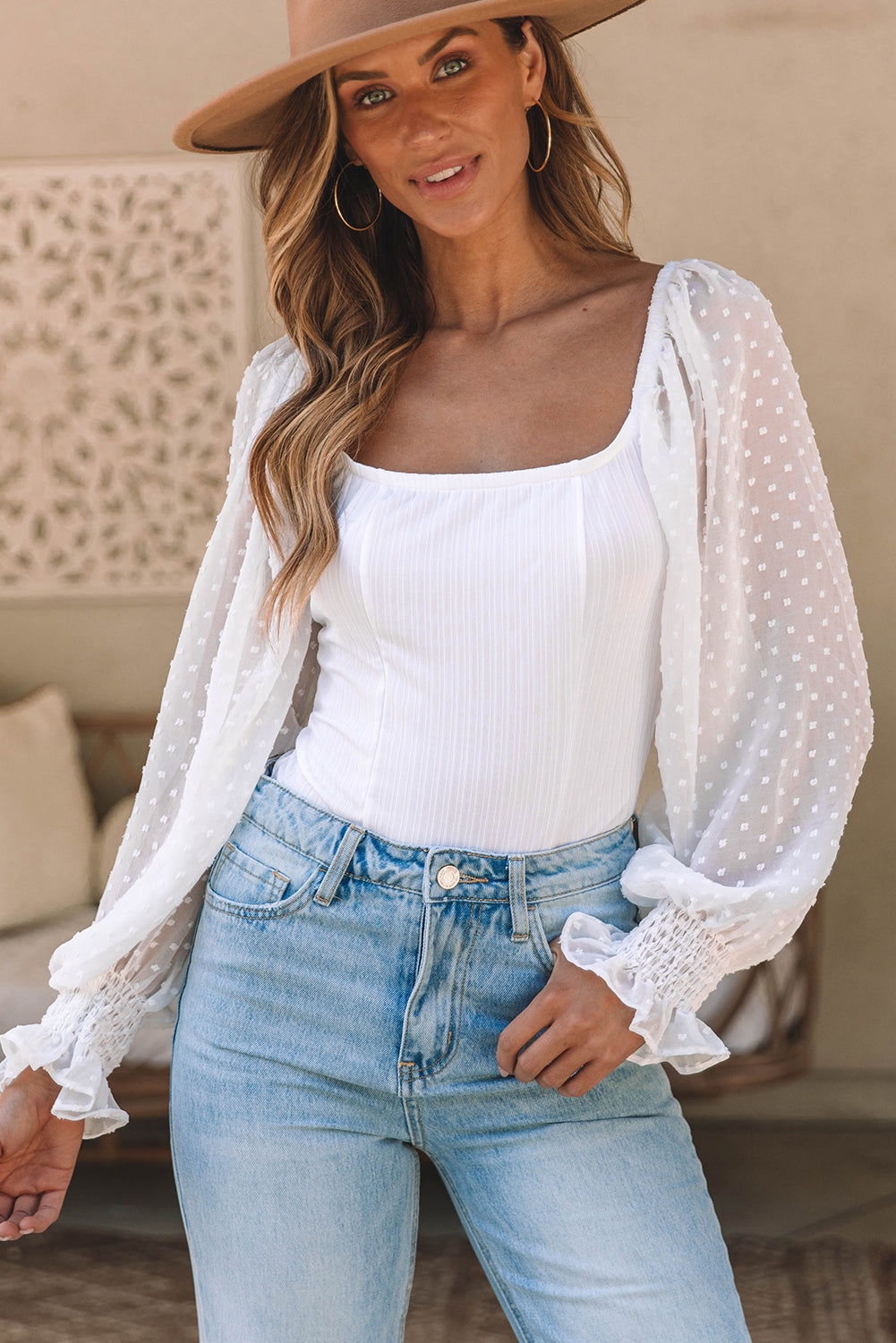 Stacey B's White Casual Solid Swiss Dot Ribbed Puff Sleeve Bodysuit