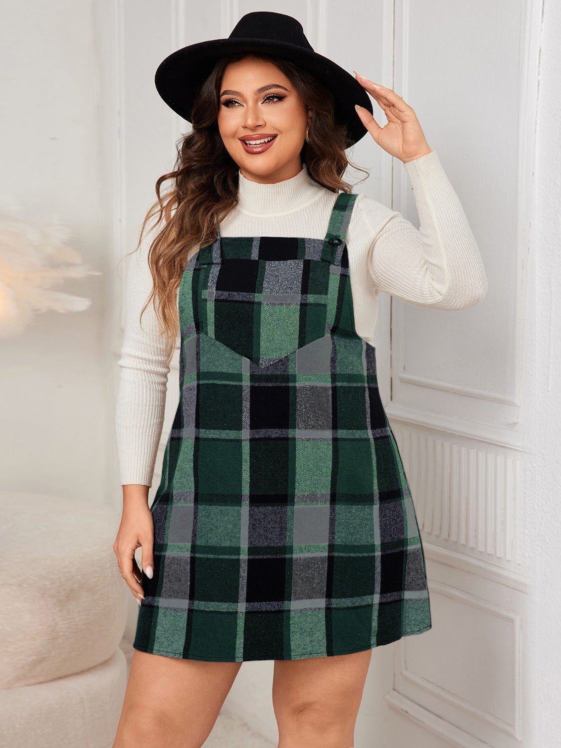 Stacey B's Plus Size Plaid Wide Strap Overall Dress