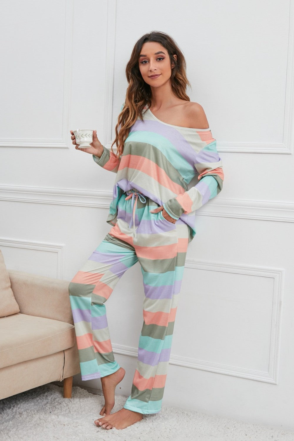 Stacey B's Striped Round Neck Long Sleeve Top and Drawstring Pants Lounge Set