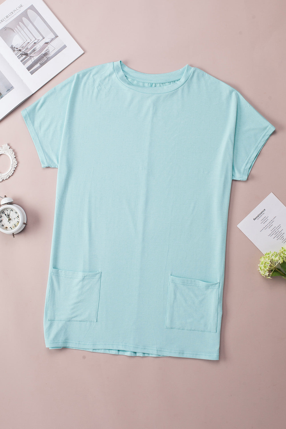 Stacey B's Light Blue Plain Loose Pocket Casual Tunic Long T-Shirt