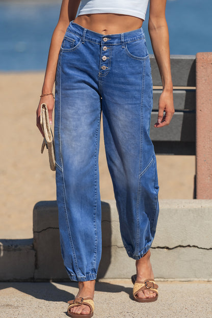 Stacey B's Blue 4 Buttons Front Tapered Casual Loose Fit Jeans