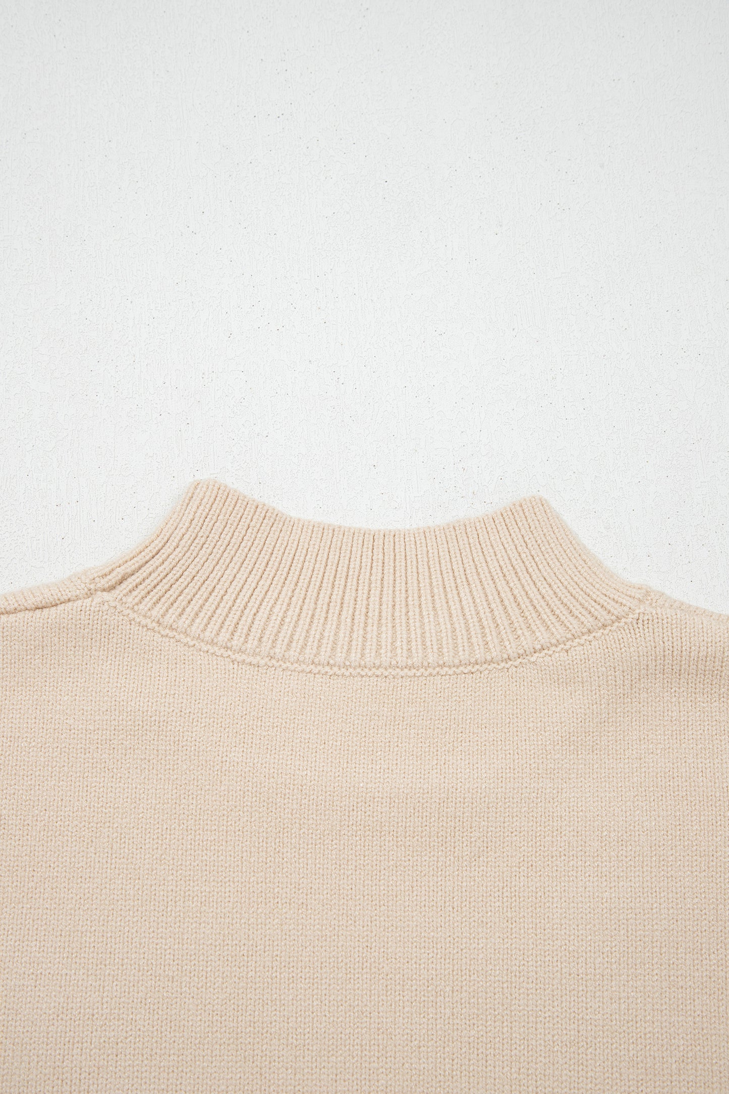 Stacey B's Parchment Corded Horseshoes Ribbed Trim Mock Neck Short Sleeve Sweater