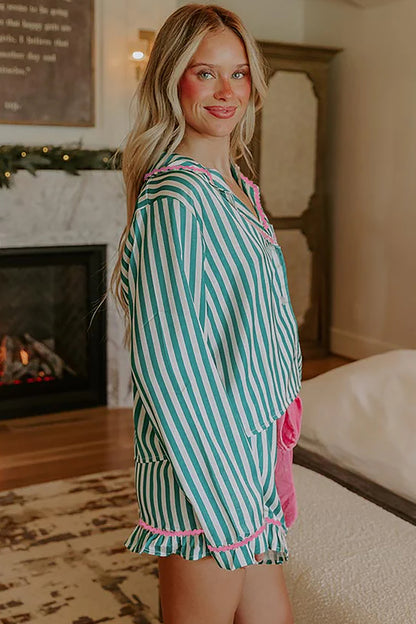 Stacey B's Green Stripe Contrast Ricrac Trim Long Sleeve Shirt Drawstring Ruffled Pajama Short Set