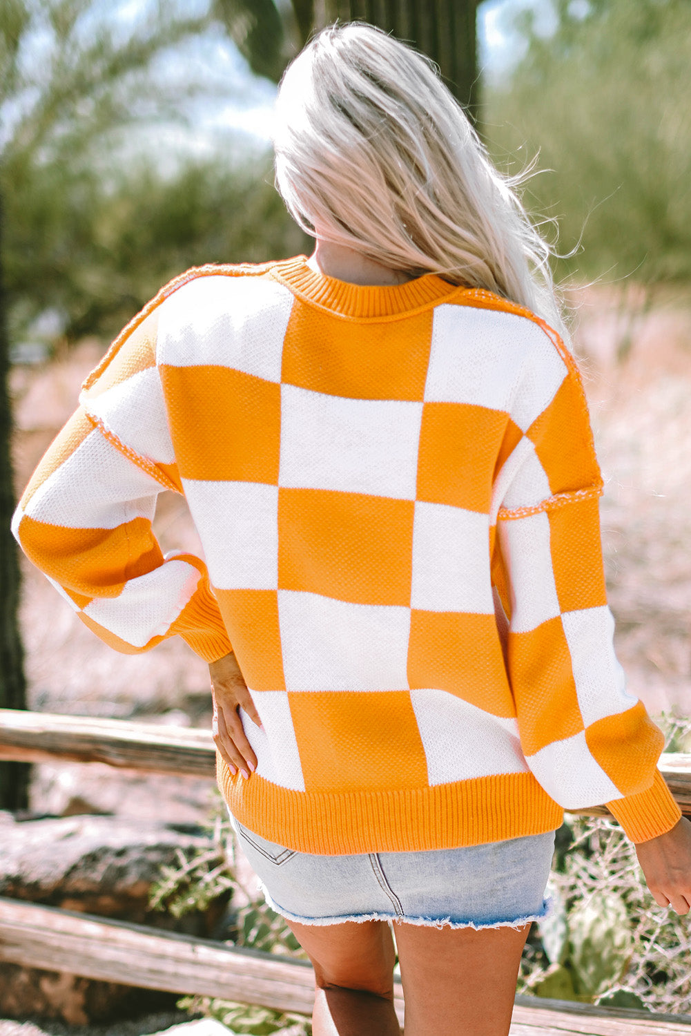 Stacey B's Orange Checkered Bishop Sleeve Sweater