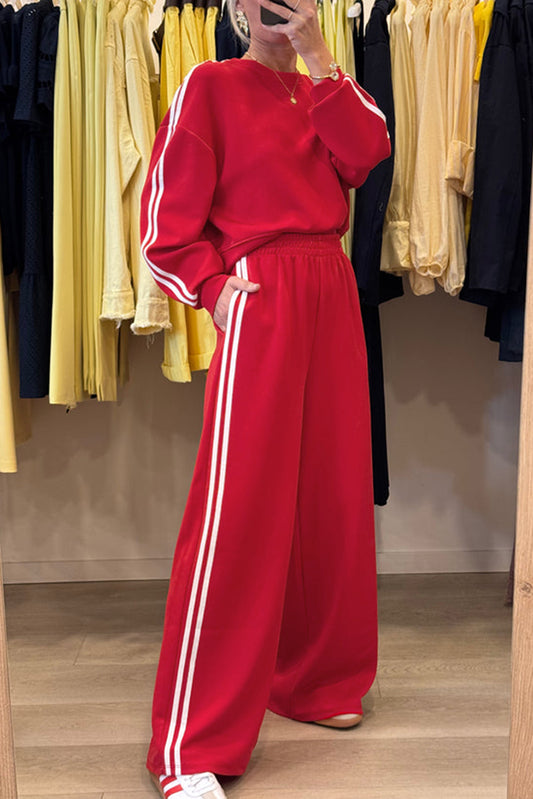 Stacey B's Fiery Red Varsity Striped Detail Cropped Pullover Wide Leg Pants 2pcs Outfit