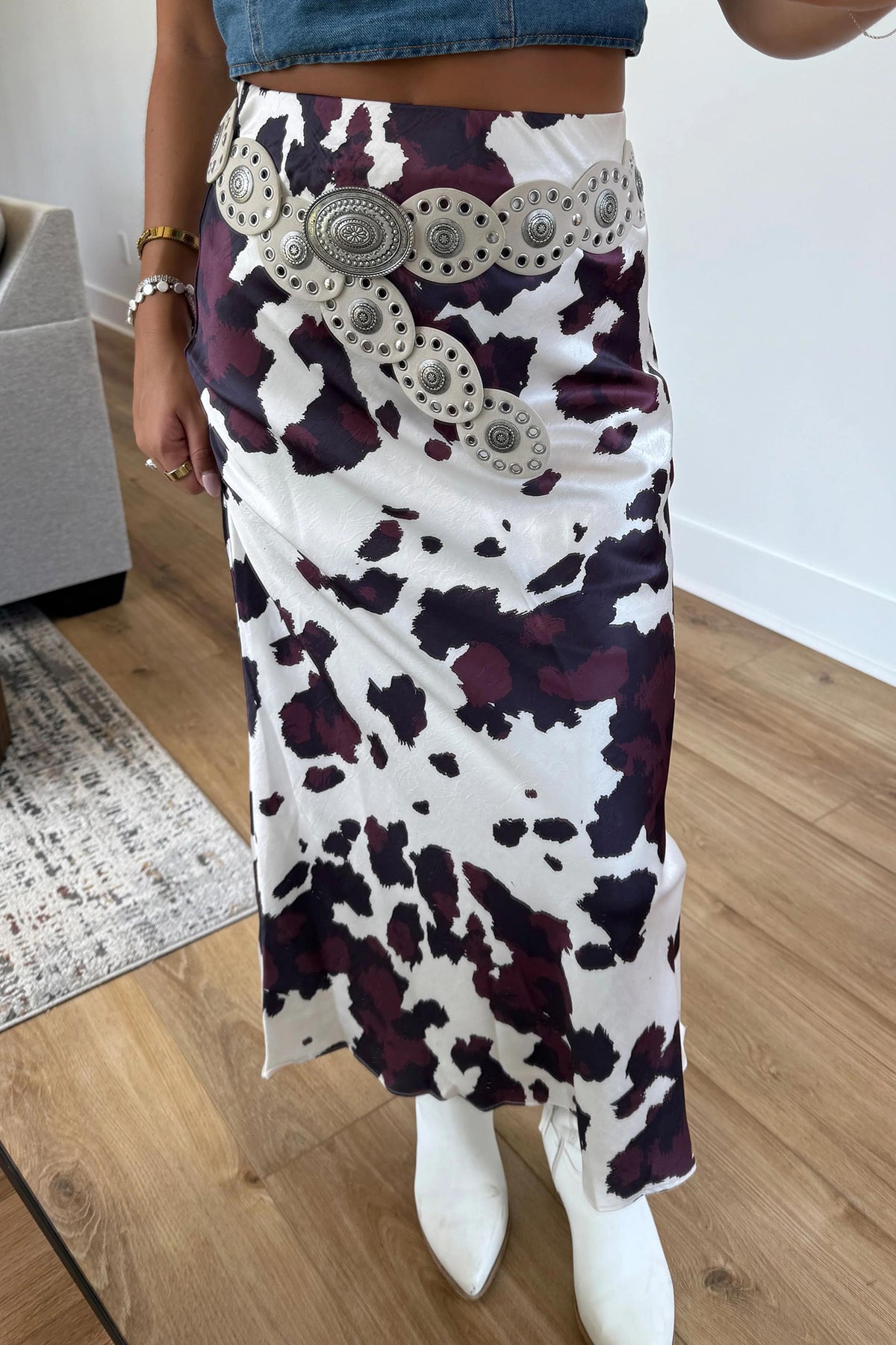 Stacey  B's Brown Abstract Print Western Long Metal Zip-Up Waist Daily Wear Skirt