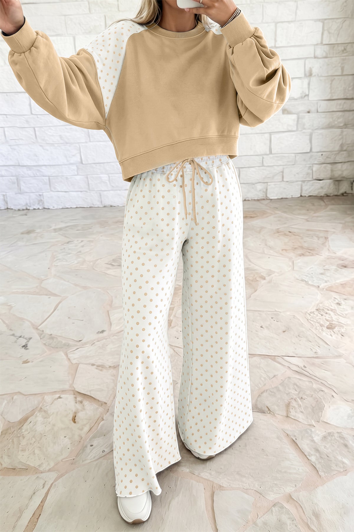 Stacey B's Green Polka Dot Patchwork Colorblock Long Sleeve Casual Two Piece Pants Set