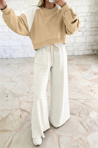 Stacey B's Green Polka Dot Patchwork Colorblock Long Sleeve Casual Two Piece Pants Set