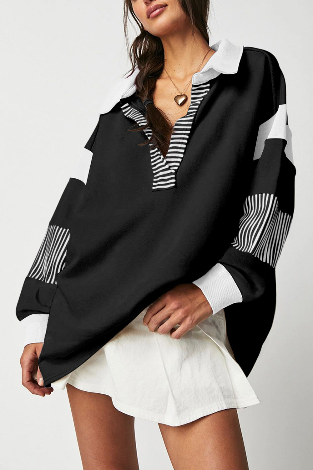 Stacey B's Black Striped Colorblock Patchwork Collar Sweatshirt