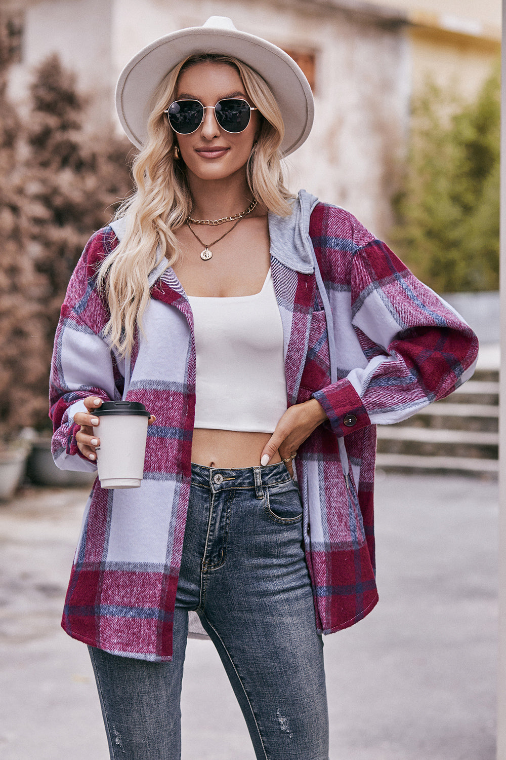 Stacey B's Mandy Plaid Dropped Shoulder Hooded Jacket