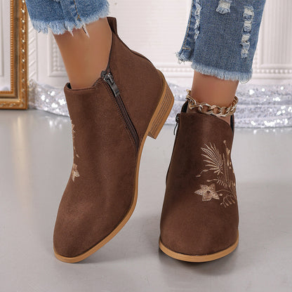 Stacey B's Embroidered Suede Point Toe Block Heel Boots