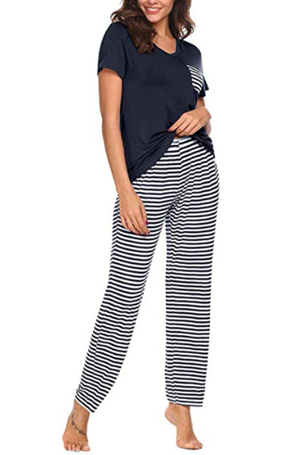 Stacey B's Pocketed Short Sleeve Top and Striped Pants Lounge Set