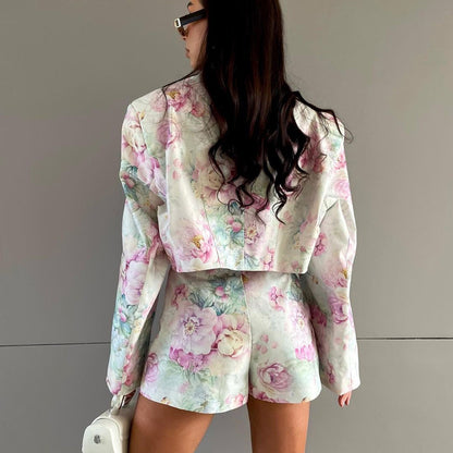 Stacey B's European and American fashion loose suit skirt two-piece set long sleeved lapel top printed high waisted short skirt