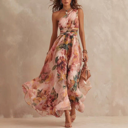 Stacey B's One shoulder waist cinched beach long dress