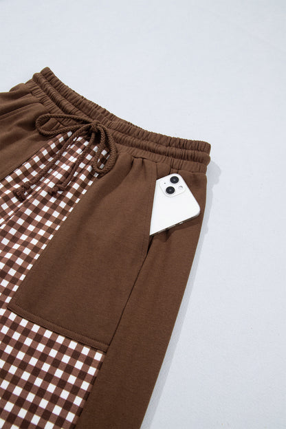 Stacey B's Brown Color Block Plaid Patchwork Long Sleeve Pullover Wide Leg Pant Set