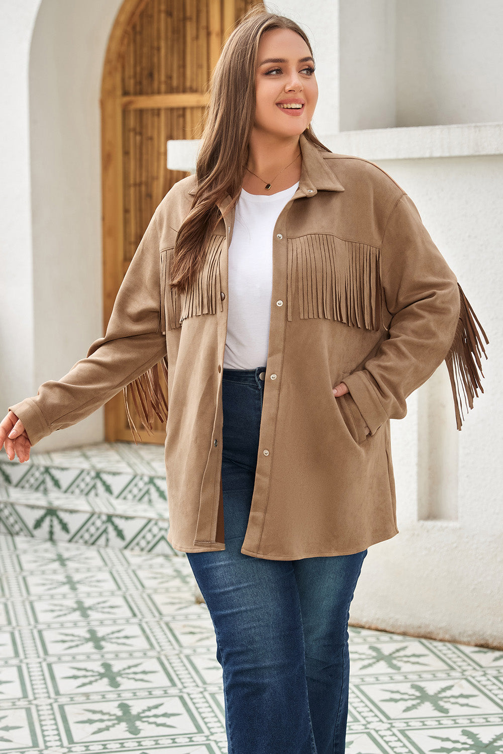 Stacey B's Khaki Fringe Trim Plus Size Suede Shacket